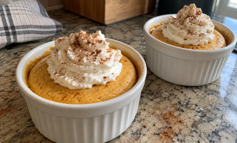 Two white ramekins of cottage cheese pumpkin cheesecake topped with whipped cream and a sprinkle of cinnamon