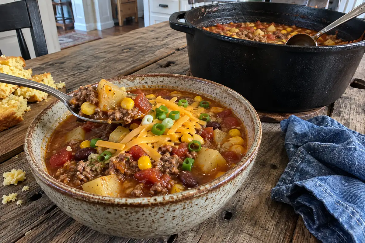 A second bowl of hearty cowboy soup topped with shredded cheddar next to a cast-iron Dutch oven