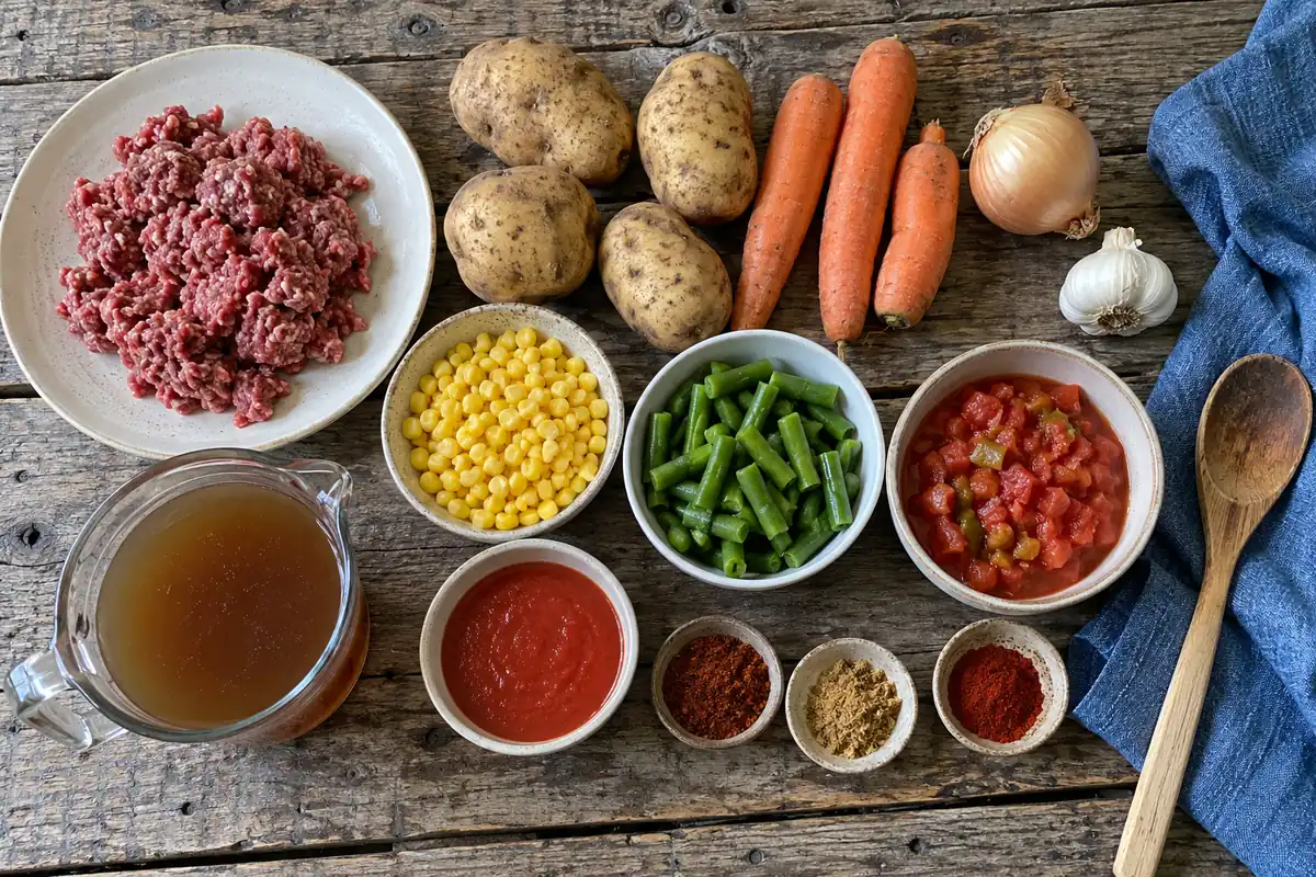 Ingredients for slow cooker cowboy soup: ground beef, potatoes, carrots, onion, garlic, corn, green beans, tomatoes, broth and spices