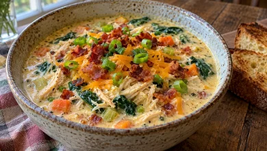 Bowl of creamy crack chicken soup topped with crispy bacon, cheddar and green onion on a wooden table