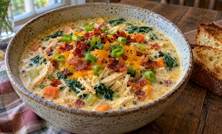 Bowl of creamy crack chicken soup topped with crispy bacon, cheddar and green onion on a wooden table