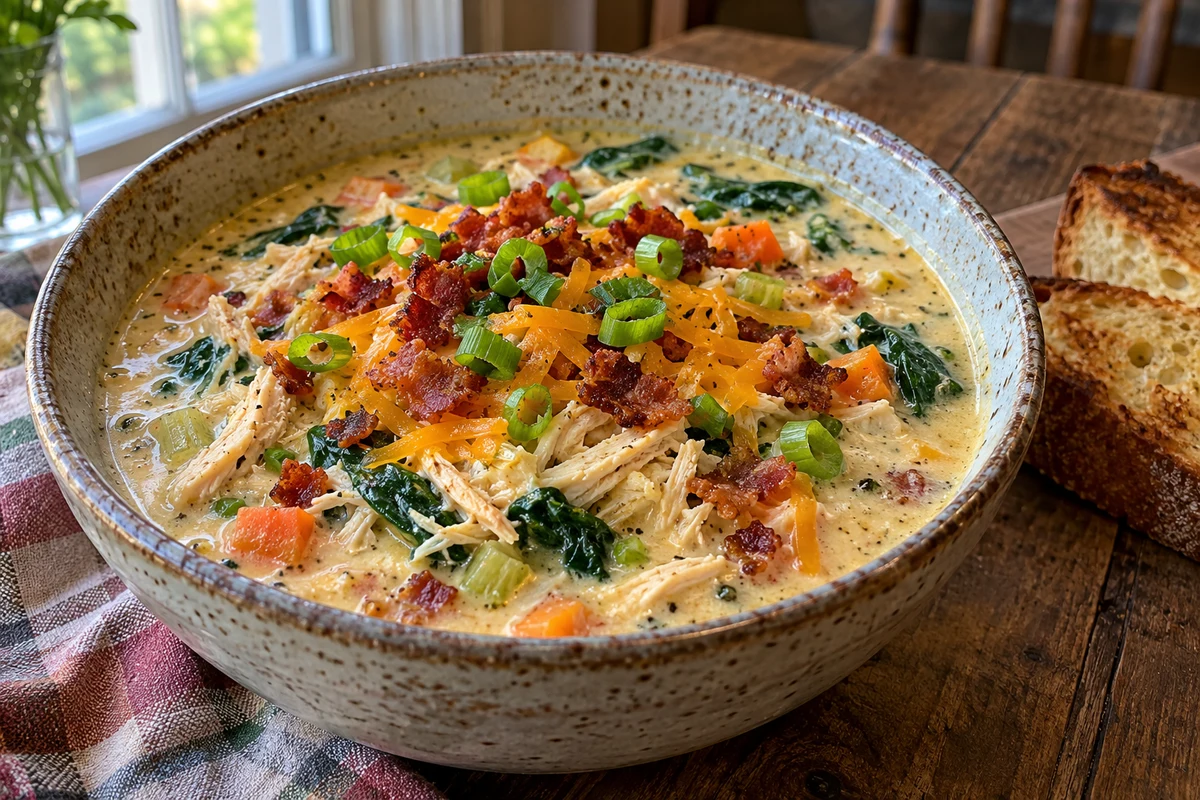 Bowl of creamy crack chicken soup topped with crispy bacon, cheddar and green onion on a wooden table