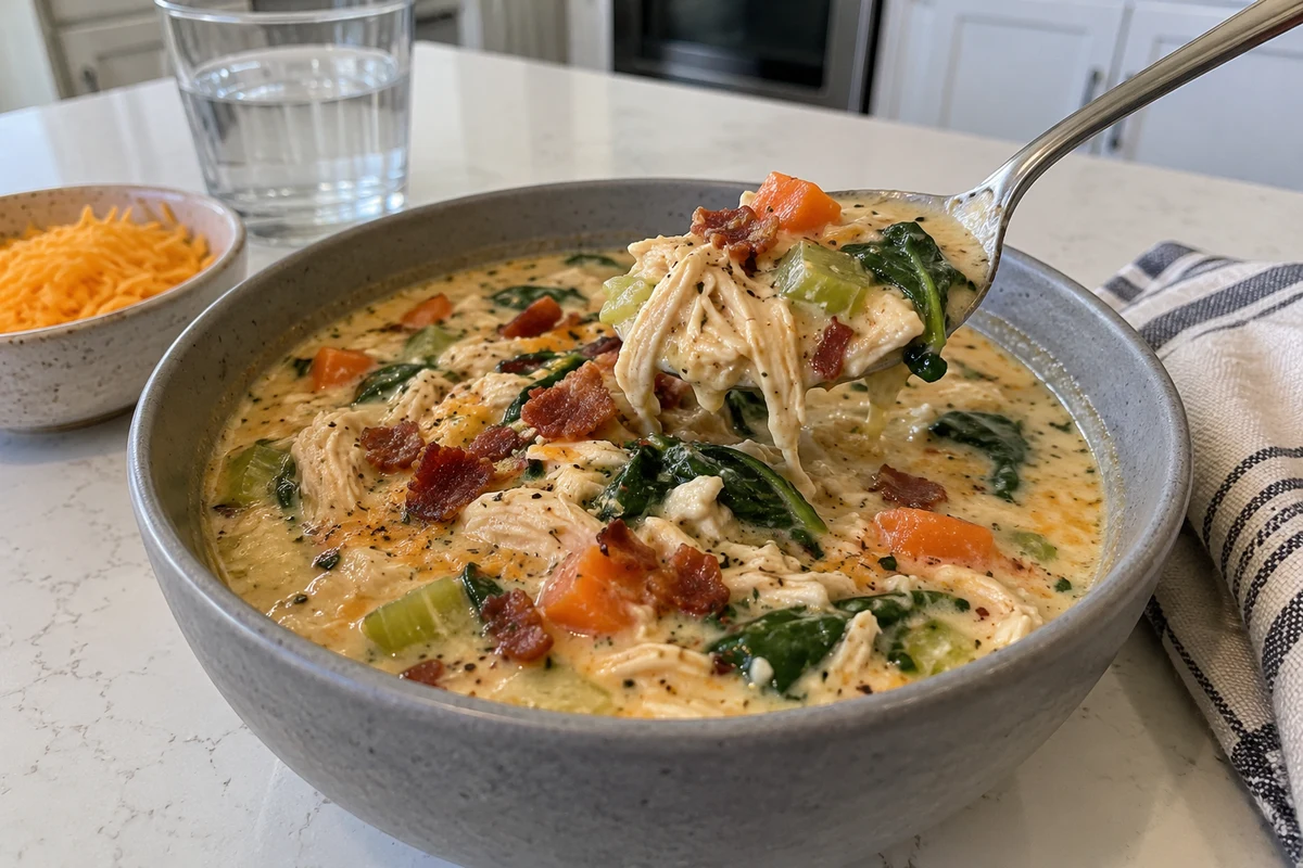 Spoonful of crack chicken soup showing shredded chicken, carrots, celery and spinach