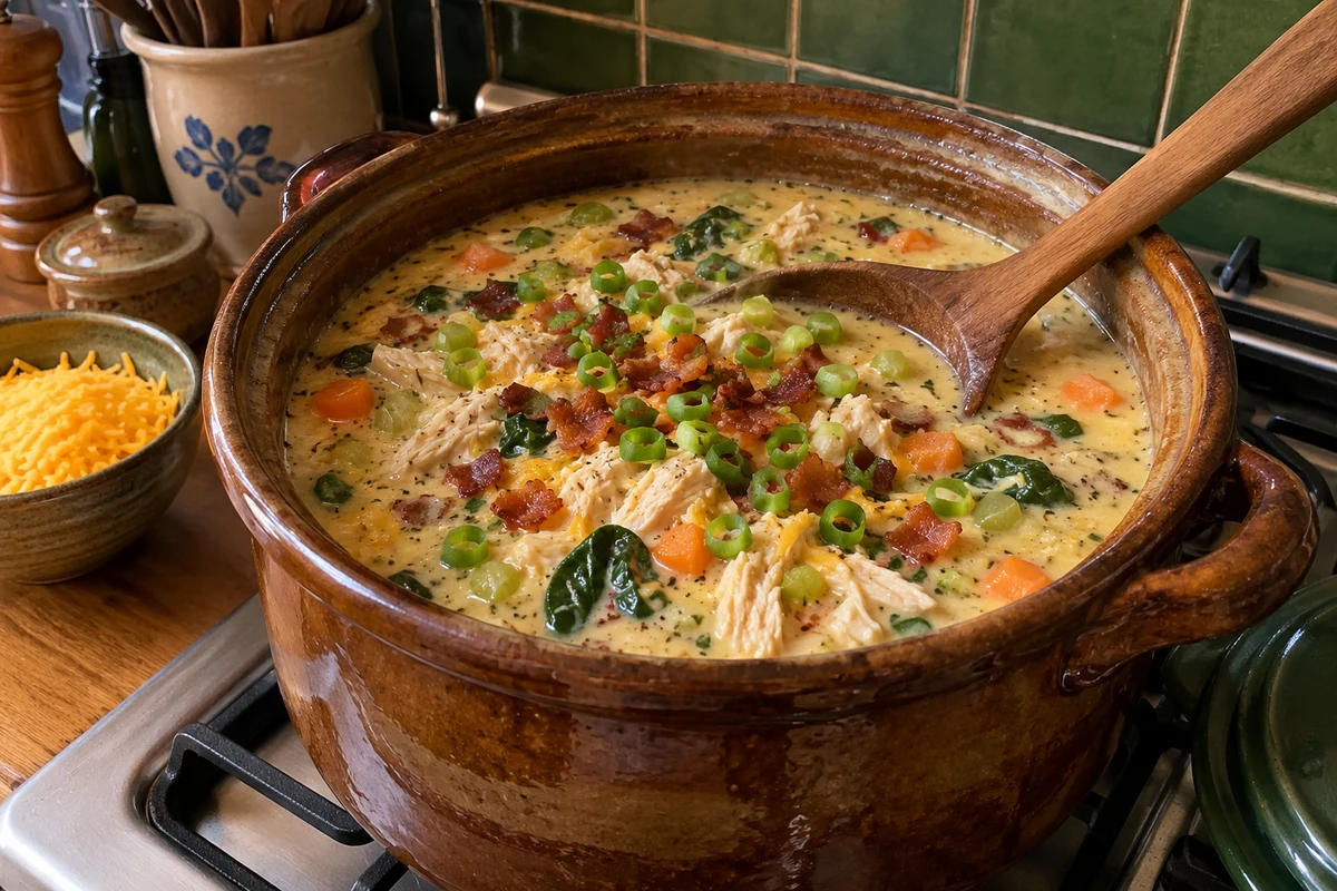 Stoneware pot of crack chicken soup on the stove with a ladle