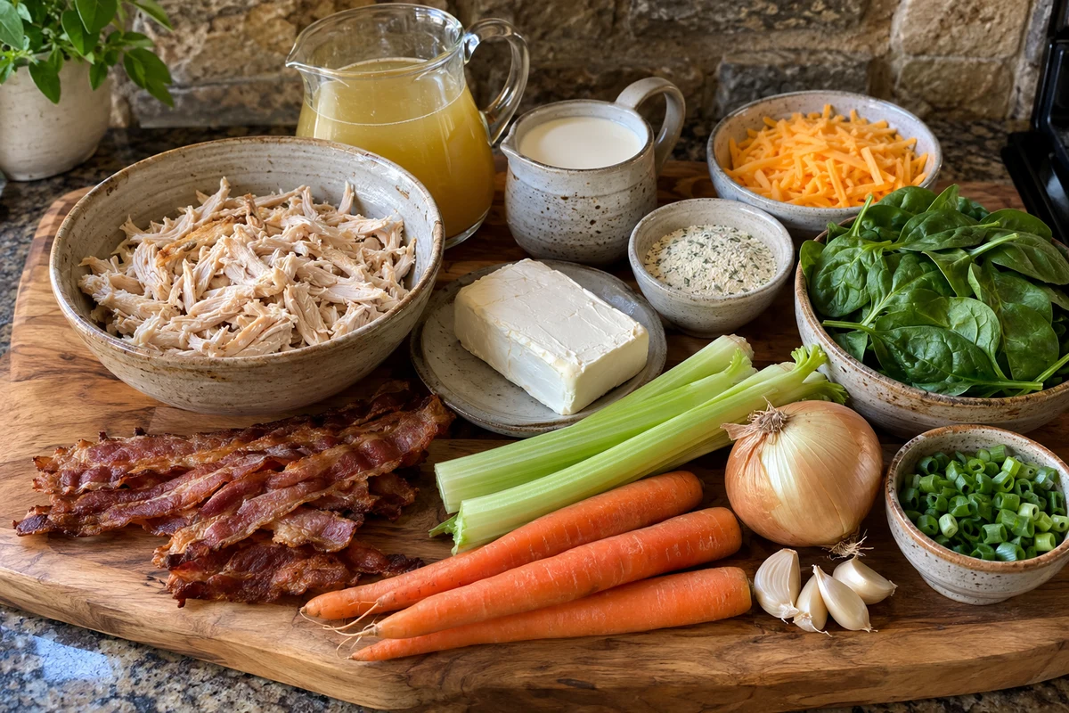 Overhead view of crack chicken soup ingredients with chicken, bacon, cream cheese, carrots, celery, onion, garlic and spinach