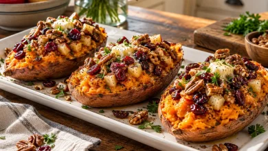Three cranberry apple twice baked sweet potatoes on a long white platter topped with dried cranberries, toasted pecans, diced apple and parsley