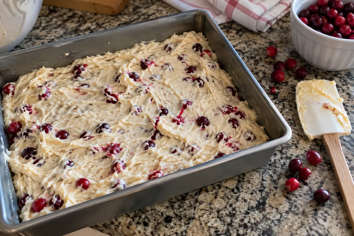 Thick cranberry cake batter spread in a greased 9x13-inch pan ready to bake