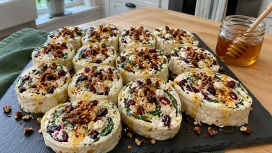 A slate board of cranberry feta spinach pinwheels drizzled with hot honey and sprinkled with toasted pecans