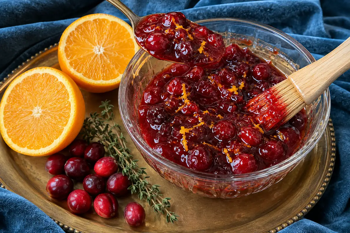 A glass bowl of cranberry orange glaze with a pastry brush, orange halves and fresh cranberries on dusty blue velvet
