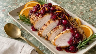 Sliced cranberry orange glazed turkey breast with glossy cranberry glaze and fresh cranberries on a stoneware platter against a sage-green terrazzo backdrop