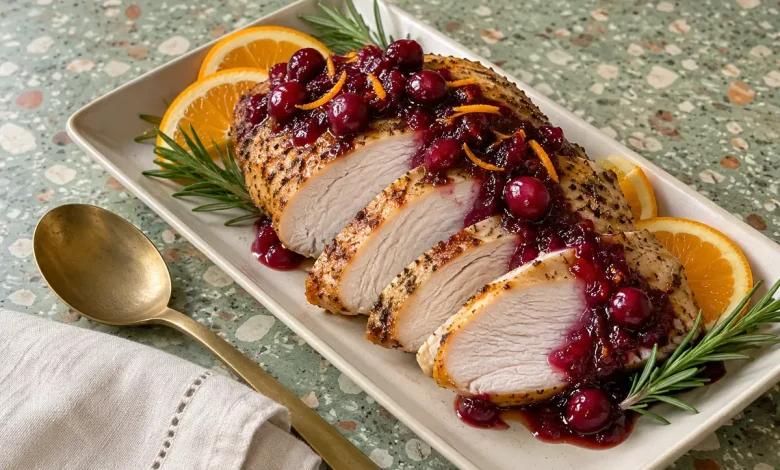 Sliced cranberry orange glazed turkey breast with glossy cranberry glaze and fresh cranberries on a stoneware platter against a sage-green terrazzo backdrop