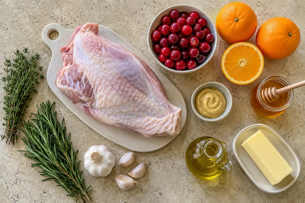 Ingredients for cranberry orange glazed turkey breast: raw turkey breast, cranberries, oranges, honey, Dijon mustard, garlic, thyme, rosemary, butter and olive oil on a cream travertine surface
