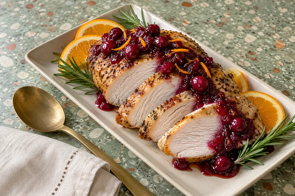 Sliced cranberry orange glazed turkey breast with glossy cranberry glaze and fresh cranberries on a stoneware platter against a sage-green terrazzo backdrop