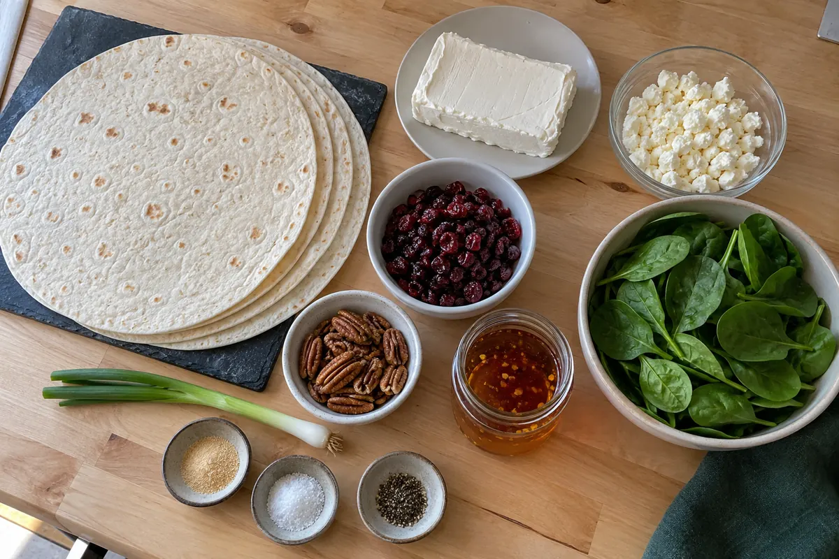 Ingredients for cranberry feta spinach pinwheels: flour tortillas, cream cheese, feta, dried cranberries, baby spinach, pecans, hot honey, green onion and garlic powder