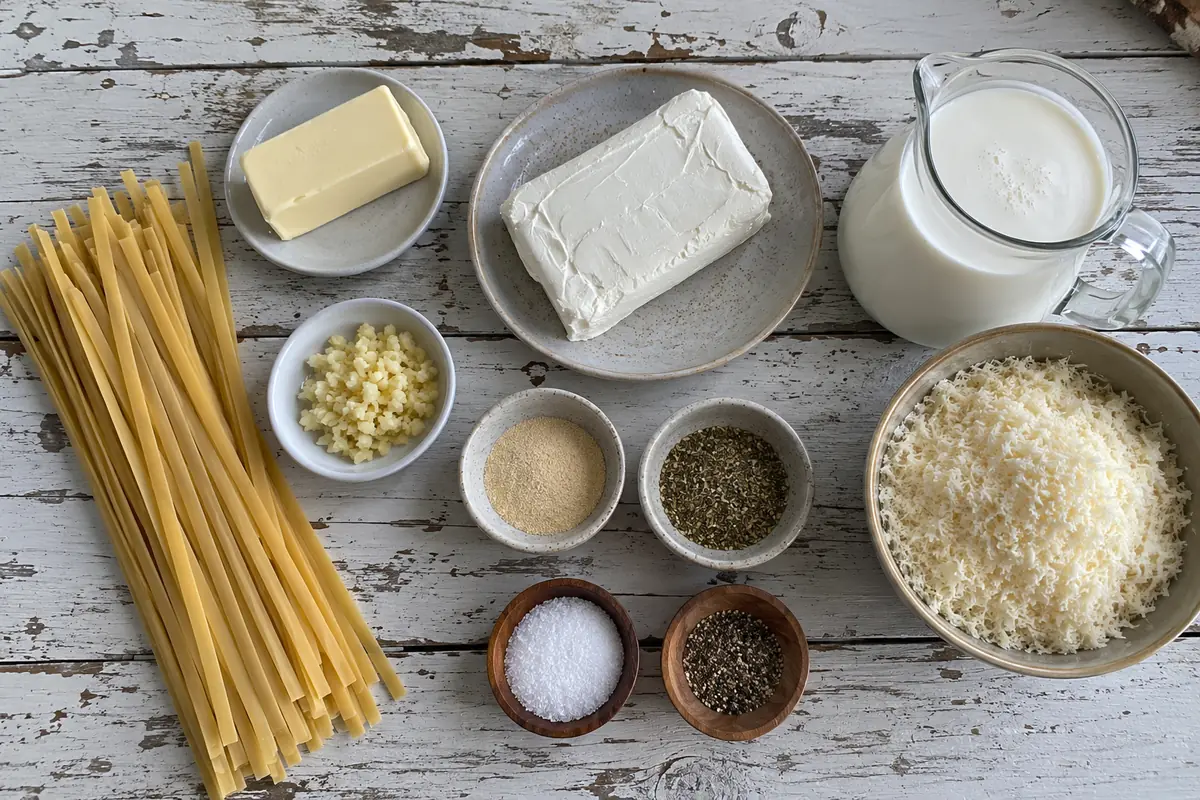 Ingredients for cream cheese alfredo sauce: butter, cream cheese, heavy cream, parmesan, minced garlic, garlic powder, Italian seasoning and dry fettuccine