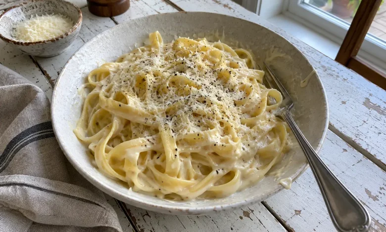 Bowl of fettuccine coated in thick cream cheese alfredo sauce topped with grated parmesan and black pepper