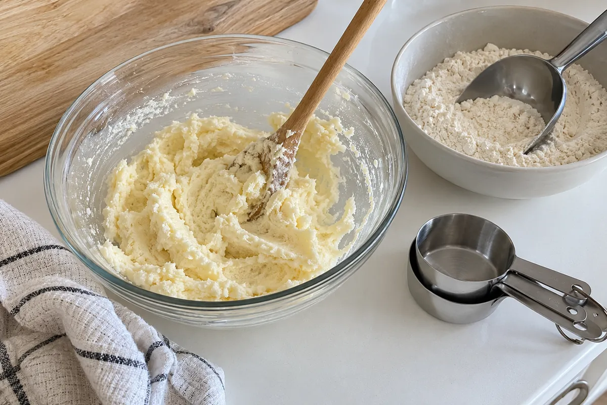Creamed butter and sugar in a glass bowl with a wooden spoon beside a bowl of flour on a kitchen counter