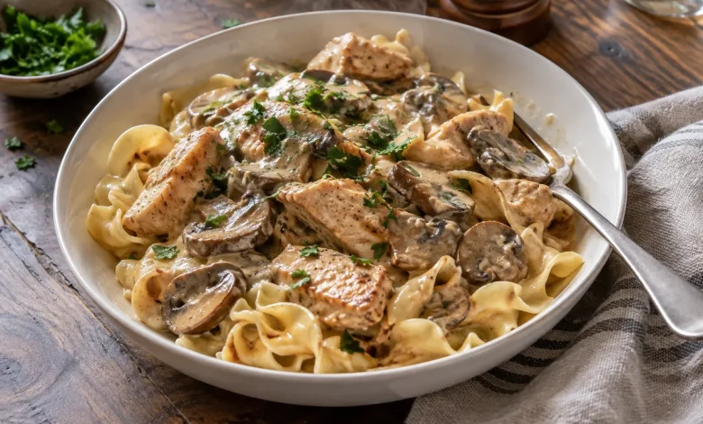 Bowl of creamy chicken mushroom stroganoff over egg noodles topped with chopped parsley
