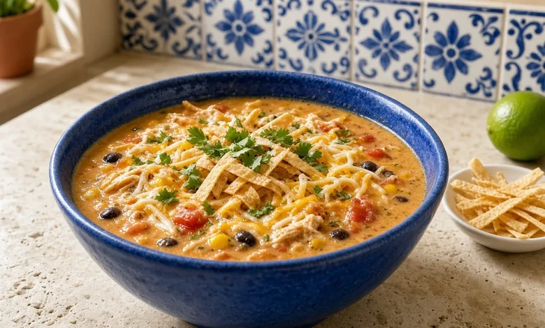 Creamy chicken tortilla soup in a cobalt blue bowl on a limestone counter by a blue and white tile backsplash