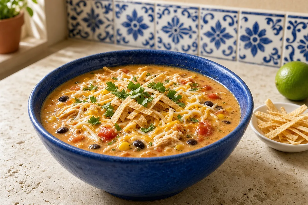 Creamy chicken tortilla soup in a cobalt blue bowl on a limestone counter by a blue and white tile backsplash