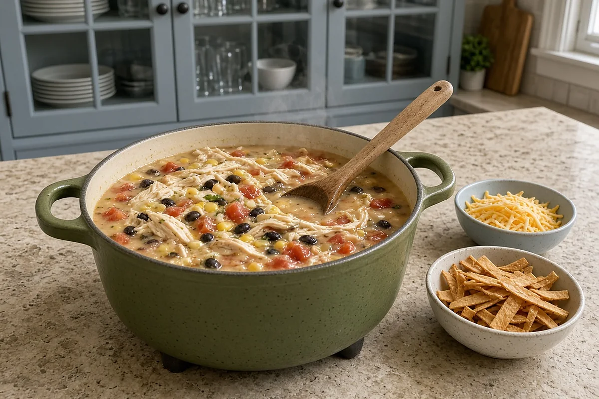 Green dutch oven of creamy chicken tortilla soup with a wooden spoon in a kitchen with blue glass cabinets