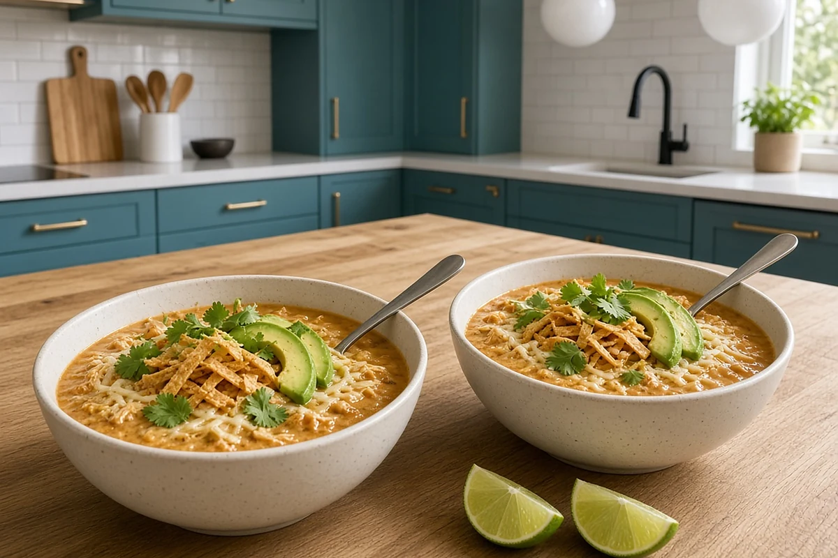 Two bowls of creamy chicken tortilla soup with avocado and lime on a white oak island in a teal kitchen