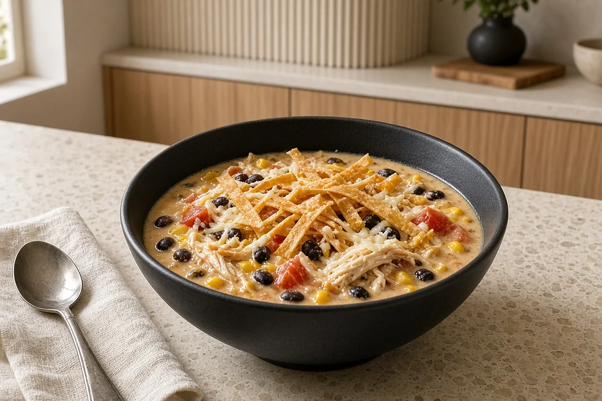 Black bowl of creamy chicken tortilla soup with tortilla strips on a terrazzo counter in a Japandi kitchen