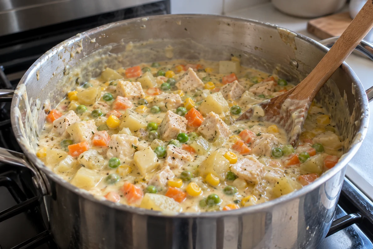 Creamy chicken potpie filling with chicken, carrots, peas, corn and potatoes in a large pot