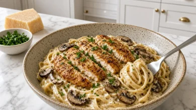 Creamy garlic chicken mushroom pasta in a speckled bowl on a white marble counter in a white shaker kitchen