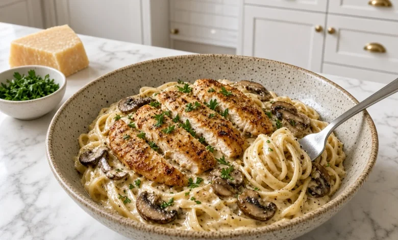 Creamy garlic chicken mushroom pasta in a speckled bowl on a white marble counter in a white shaker kitchen