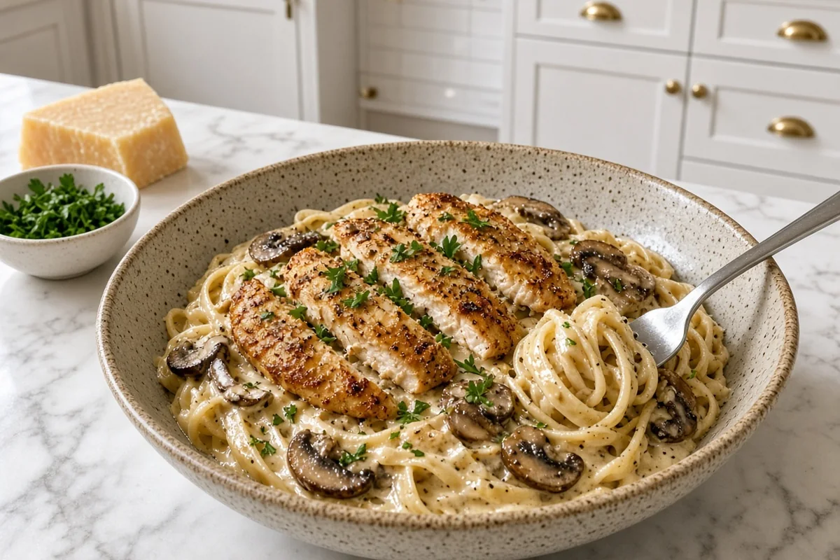 Creamy garlic chicken mushroom pasta in a speckled bowl on a white marble counter in a white shaker kitchen