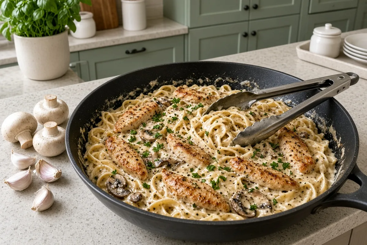 Skillet of creamy chicken mushroom fettuccine with tongs, mushrooms and garlic in a sage green kitchen