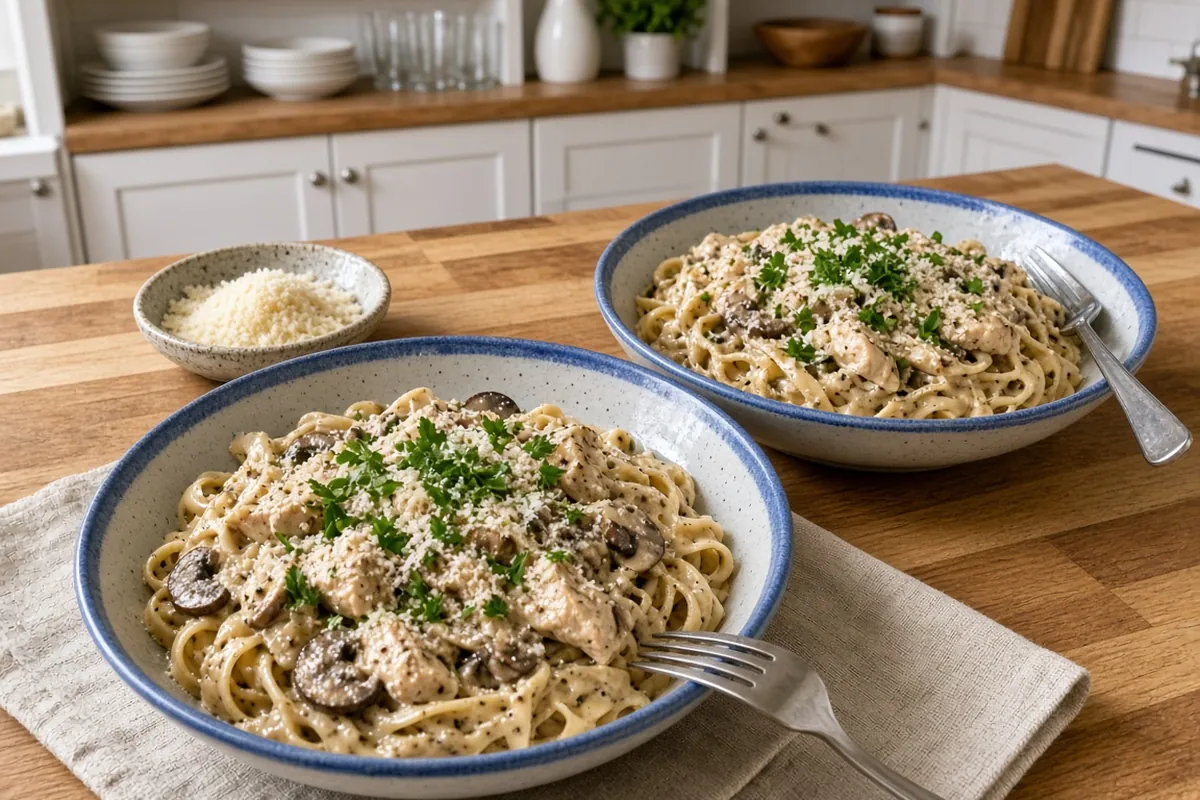 Two bowls of creamy garlic chicken mushroom pasta with Parmesan on a butcher-block kitchen counter