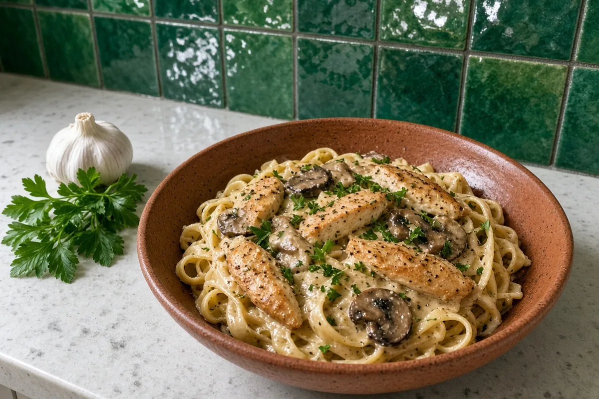 Bowl of creamy chicken mushroom fettuccine with parsley and garlic in front of a green zellige backsplash