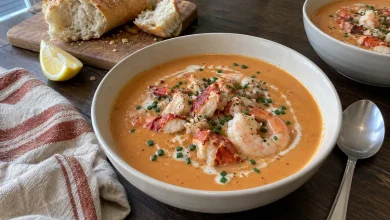 Creamy lobster and shrimp bisque in a bowl topped with lobster pieces, shrimp and chives