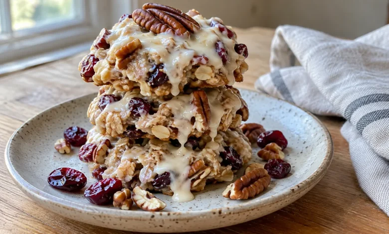 Stack of three thick no-bake cranberry pecan praline cookies with white glaze and a pecan half on a speckled plate