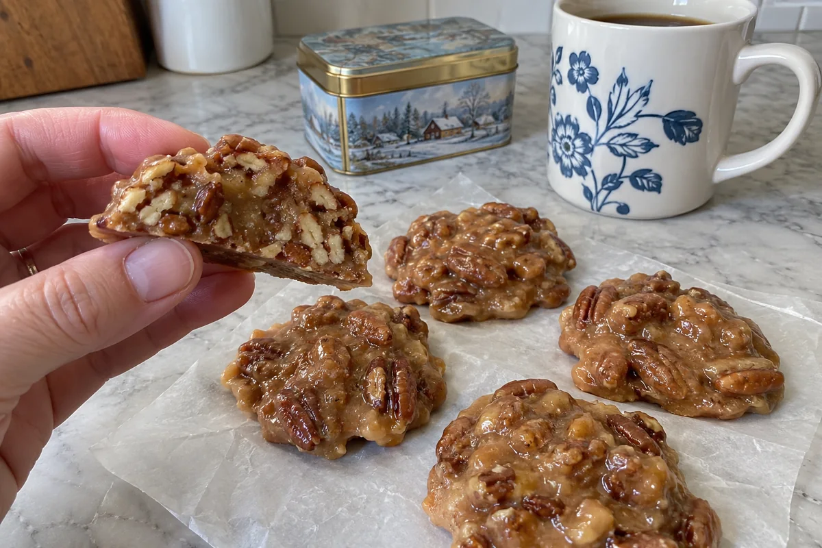 Creole creamy praline broken in half showing its creamy fudge-like center and pecans