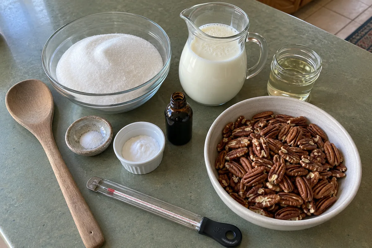 Ingredients for creole creamy pralines: sugar, buttermilk, corn syrup, salt, baking soda, vanilla extract and pecans