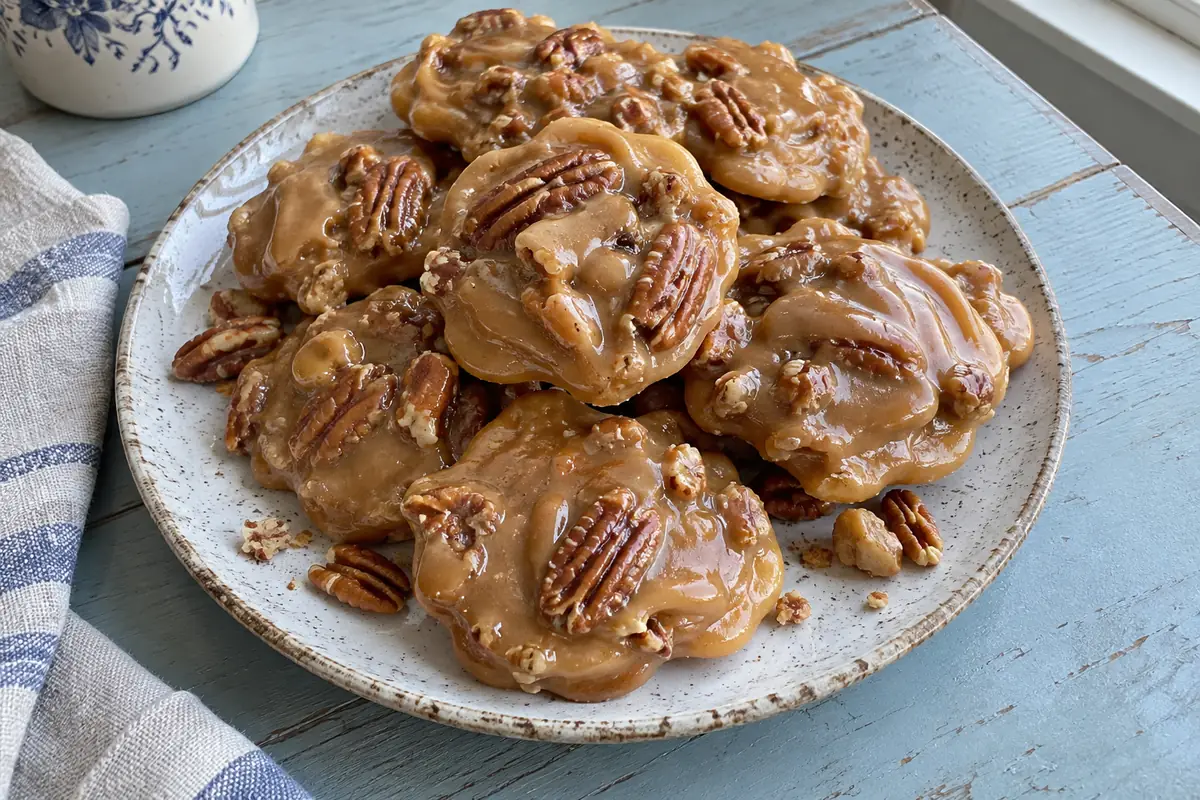 Pile of glossy creole creamy pralines studded with pecans on a plate