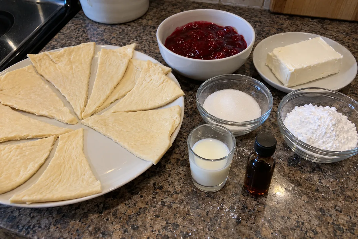 Ingredients for raspberry cream cheese crescent ring in plain unlabeled bowls: crescent dough, cream cheese, raspberry filling, sugar, powdered sugar, milk and extract