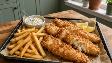 Crispy fried fish batter fillets with fries, tartar sauce and lemon on a parchment lined tray in a sage green kitchen