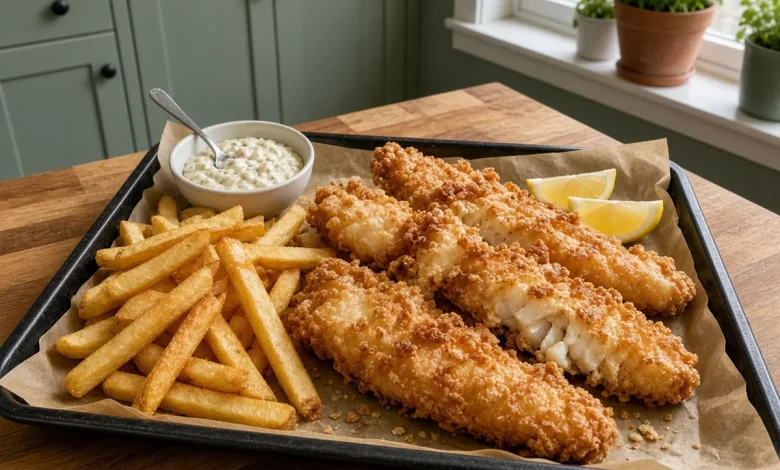 Crispy fried fish batter fillets with fries, tartar sauce and lemon on a parchment lined tray in a sage green kitchen