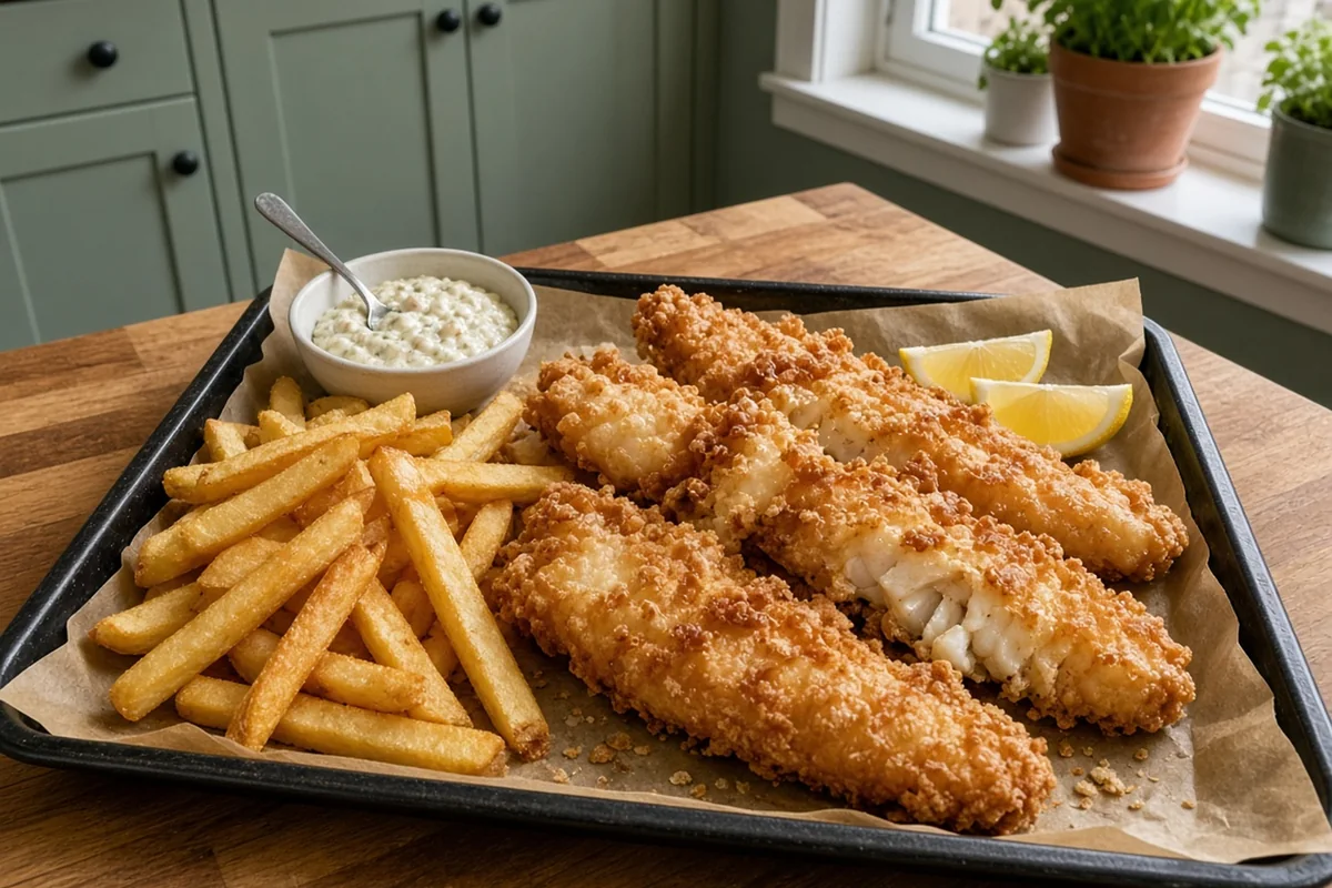 Crispy fried fish batter fillets with fries, tartar sauce and lemon on a parchment lined tray in a sage green kitchen
