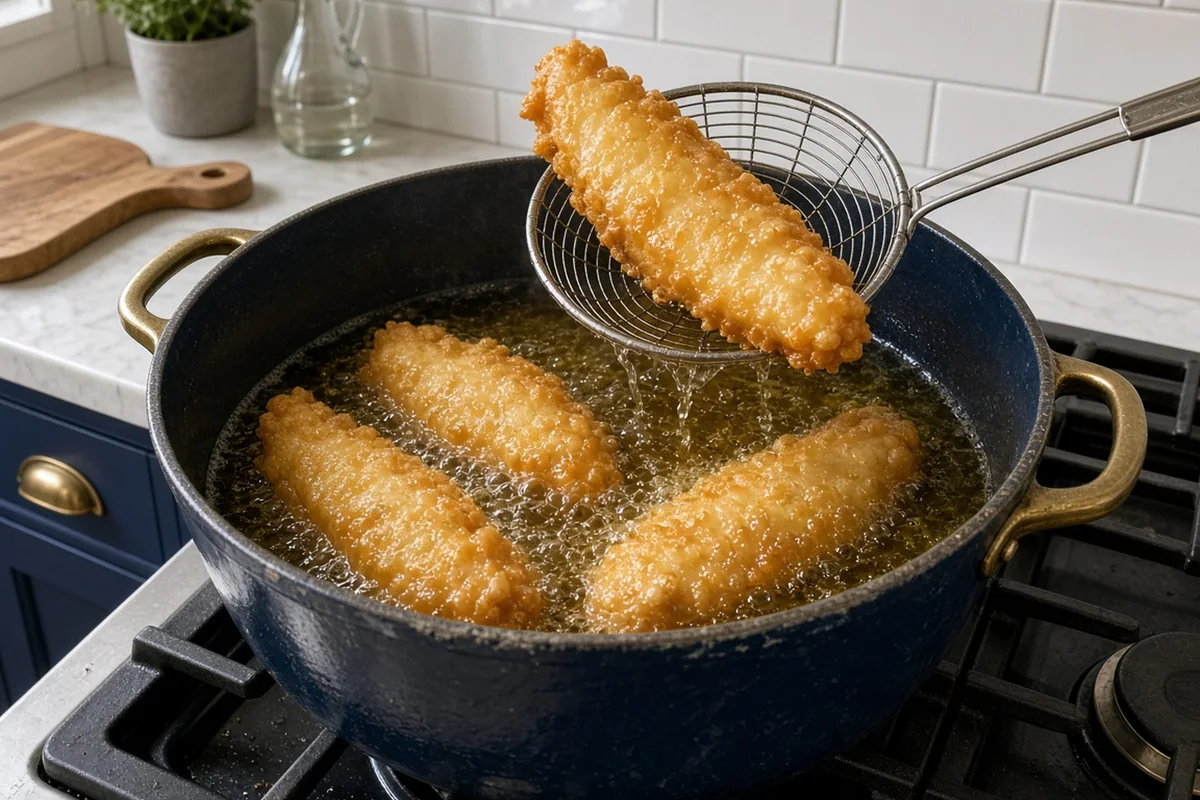 Battered fish fillets frying in a navy dutch oven with a spider strainer lifting one golden piece
