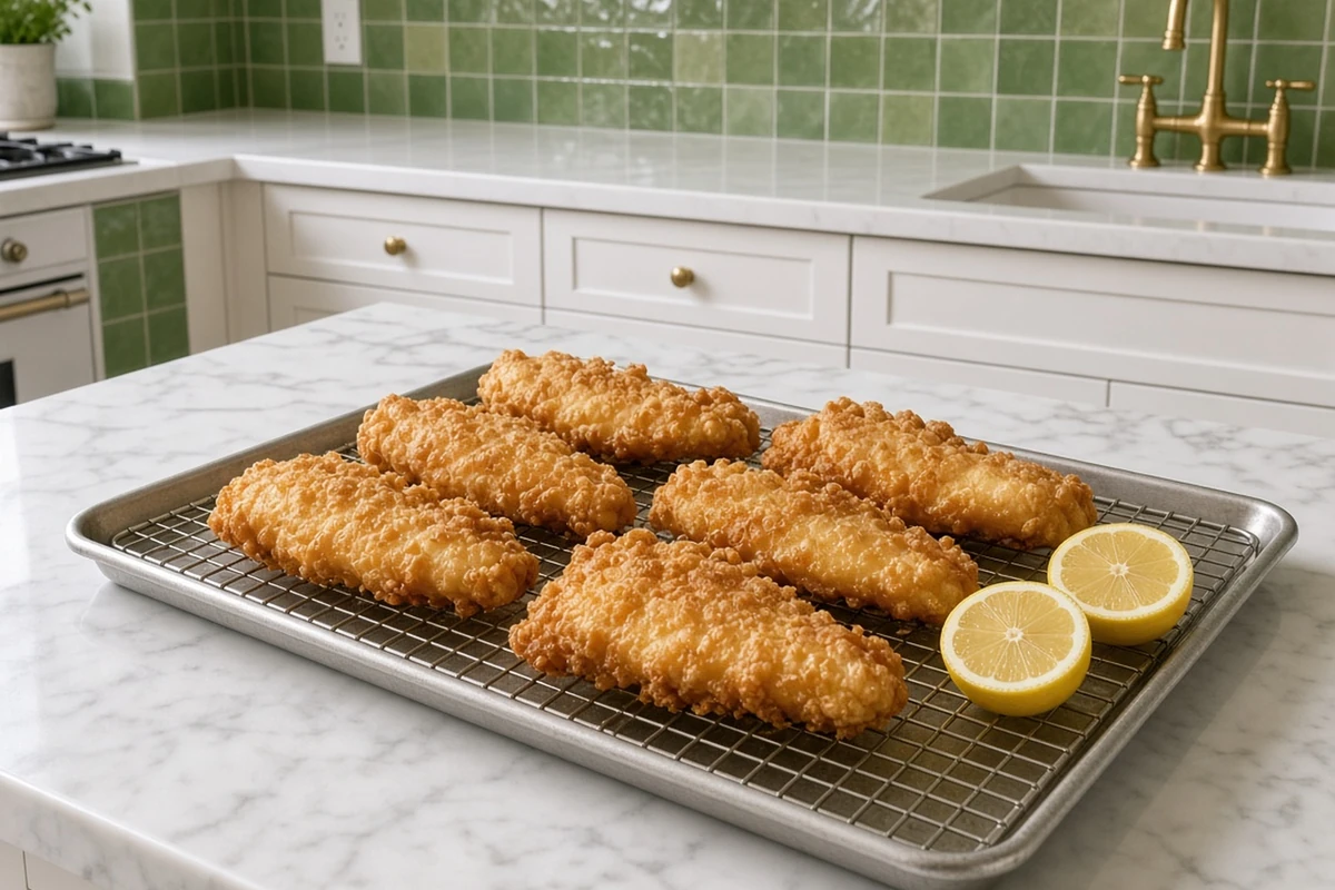Golden crispy fried fish draining on a wire rack with lemon halves on a marble island by green tile
