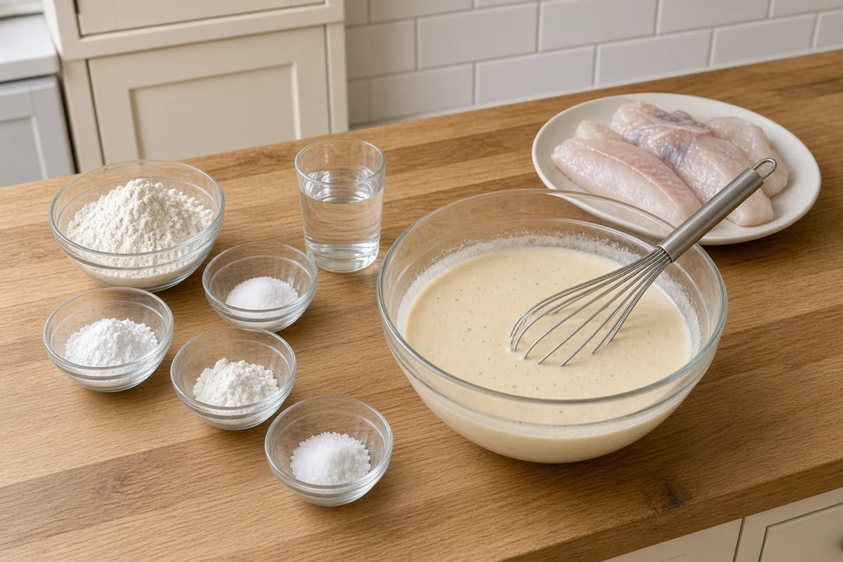 Bowl of smooth fish batter with a whisk, small bowls of flour, cornstarch and salt, and raw fish fillets on an oak counter