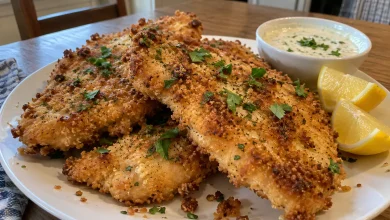 Golden crispy ranch chicken cutlets piled on a white plate with parsley, lemon wedges and a small bowl of ranch dip
