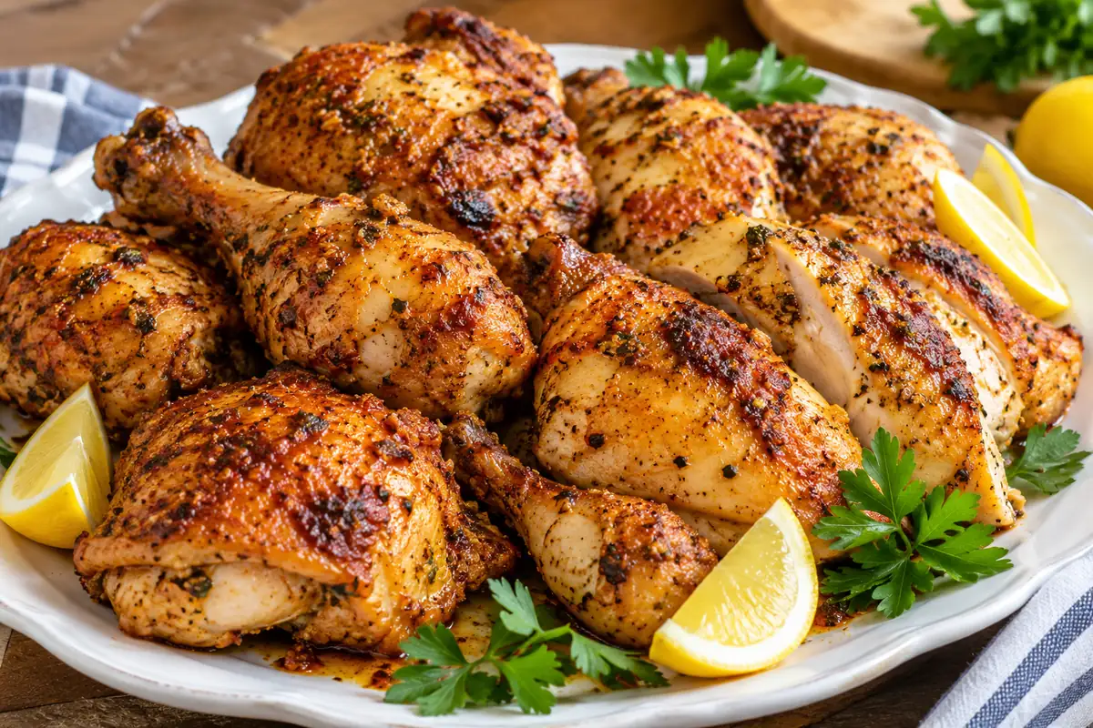Golden crispy seasoned roast chicken pieces on a serving platter