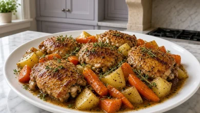 Crock pot garlic butter chicken thighs with carrots and potatoes on a white platter in a lavender gray kitchen