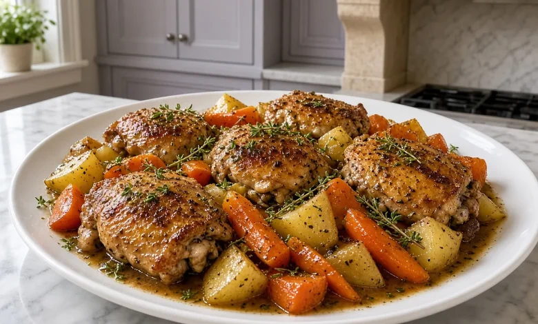 Crock pot garlic butter chicken thighs with carrots and potatoes on a white platter in a lavender gray kitchen